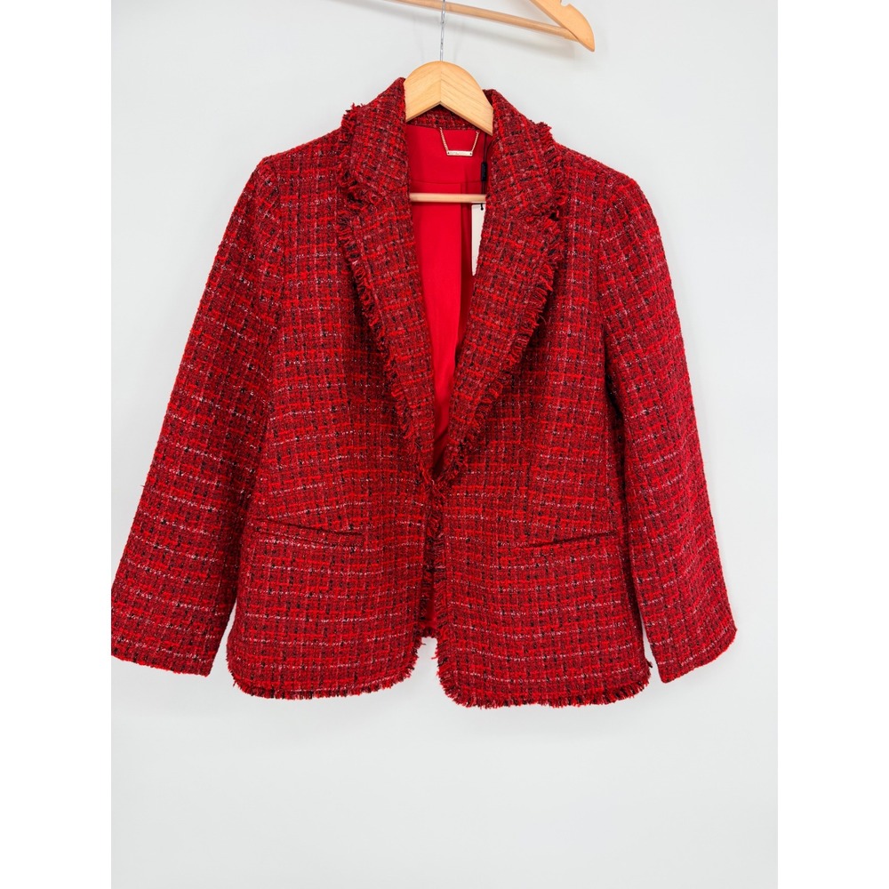 Chico's Tweed Blazer 2 Red Textured Raw Edge Jacket Parisian Chic Holiday - Picture 1 of 11